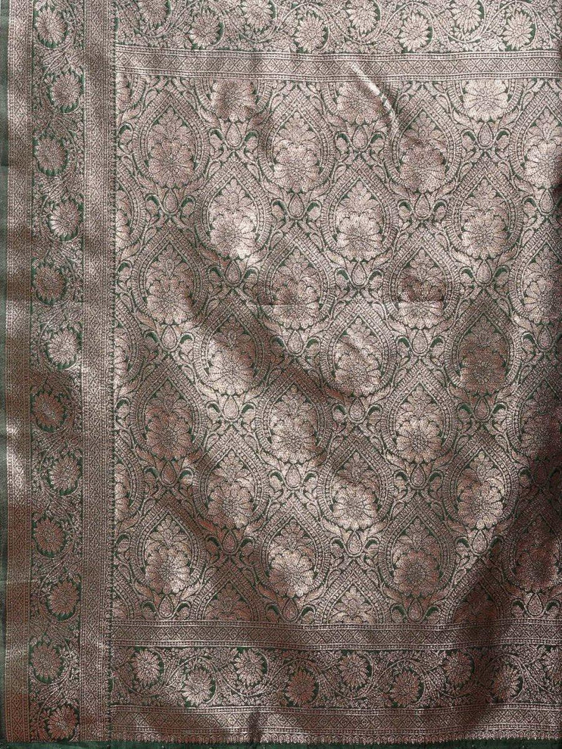 Dark Green Banarasi Silk Saree With Blouse Piece - EZBER
