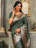 Dark Green Banarasi Silk Saree With Blouse Piece - EZBER