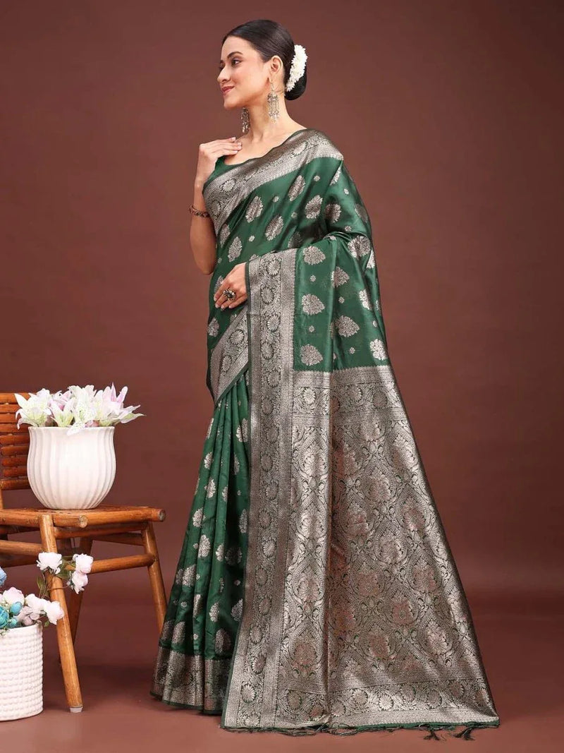 Dark Green Banarasi Silk Saree With Blouse Piece - EZBER