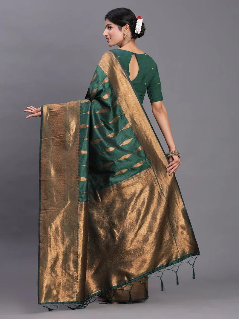 Dark Green Silk Saree With Blouse Piece - EZBER