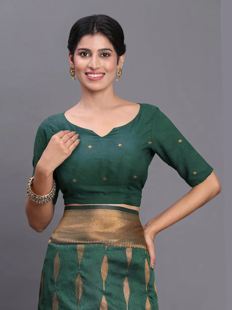 Dark Green Silk Saree With Blouse Piece - EZBER