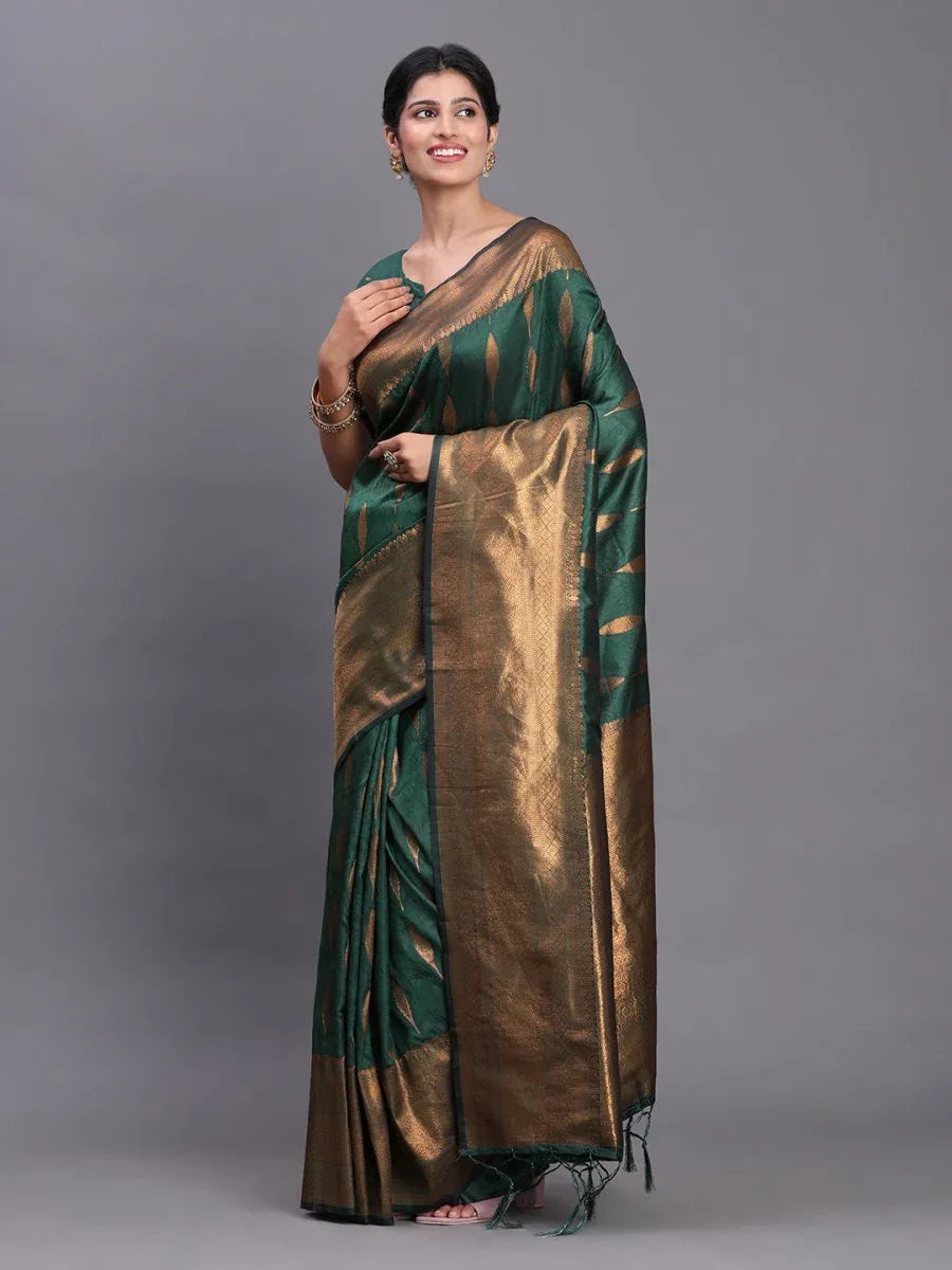 Dark Green Silk Saree With Blouse Piece - EZBER
