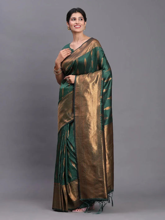 Dark Green Silk Saree With Blouse Piece - EZBER