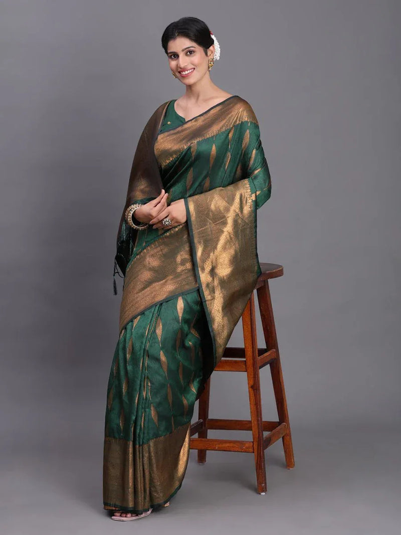 Dark Green Silk Saree With Blouse Piece - EZBER