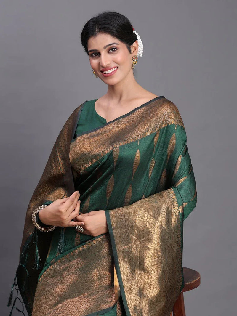 Dark Green Silk Saree With Blouse Piece - EZBER