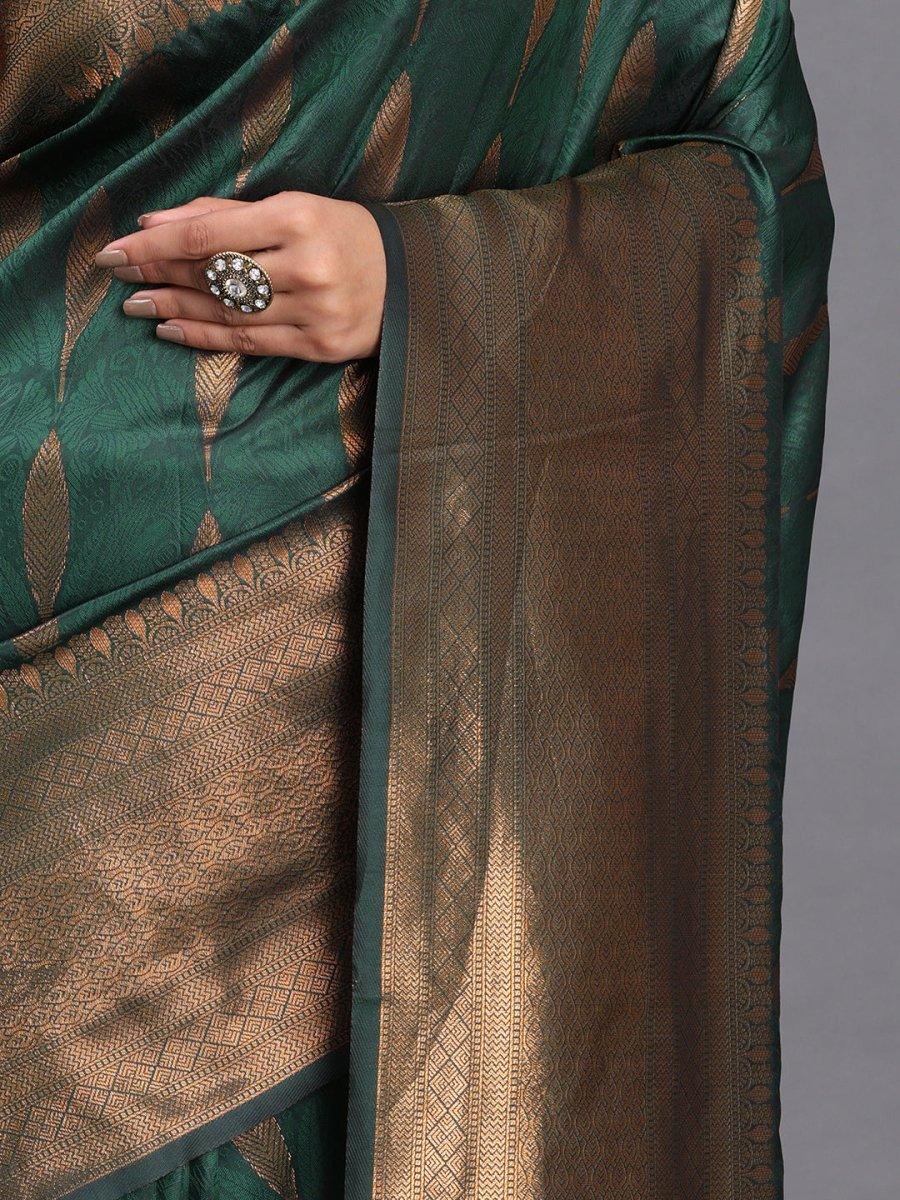 Dark Green Silk Saree With Blouse Piece - EZBER
