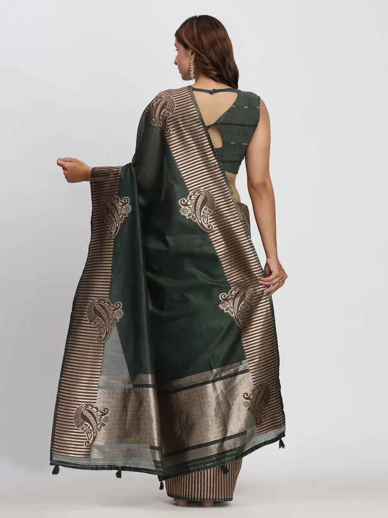 Dark Green TAARINI Linen Cotton Saree with Blouse Piece - EZBER