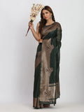 Dark Green TAARINI Linen Cotton Saree with Blouse Piece - EZBER