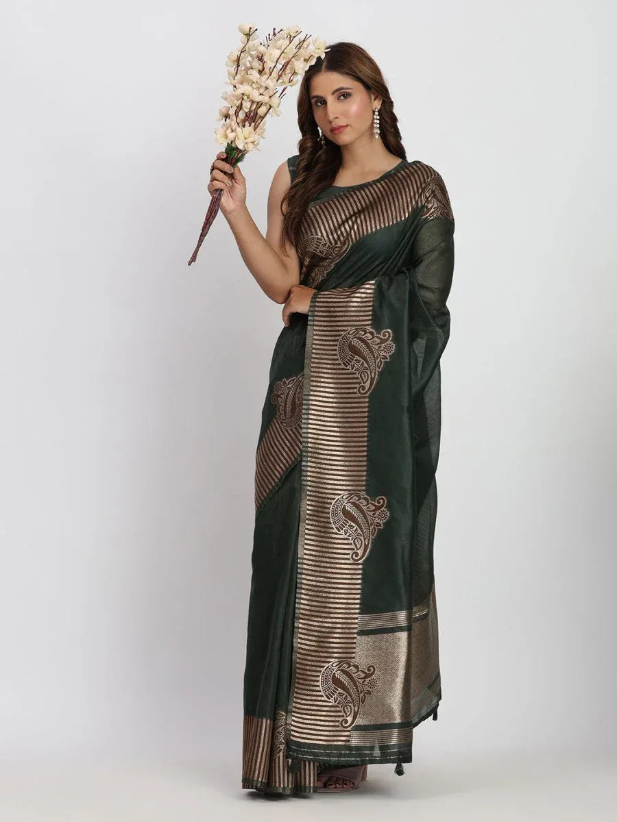 Dark Green TAARINI Linen Cotton Saree with Blouse Piece - EZBER