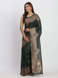 Dark Green TAARINI Linen Cotton Saree with Blouse Piece - EZBER