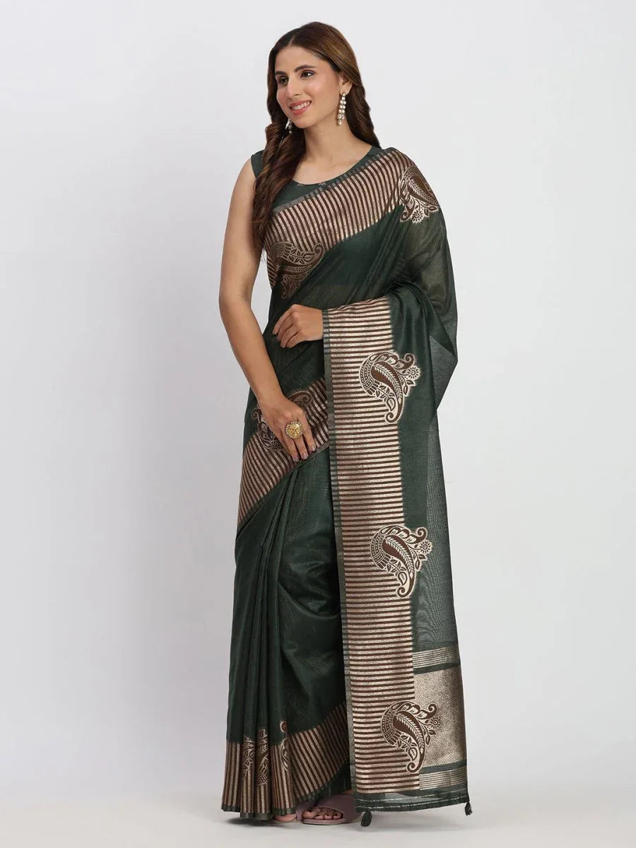 Dark Green TAARINI Linen Cotton Saree with Blouse Piece - EZBER