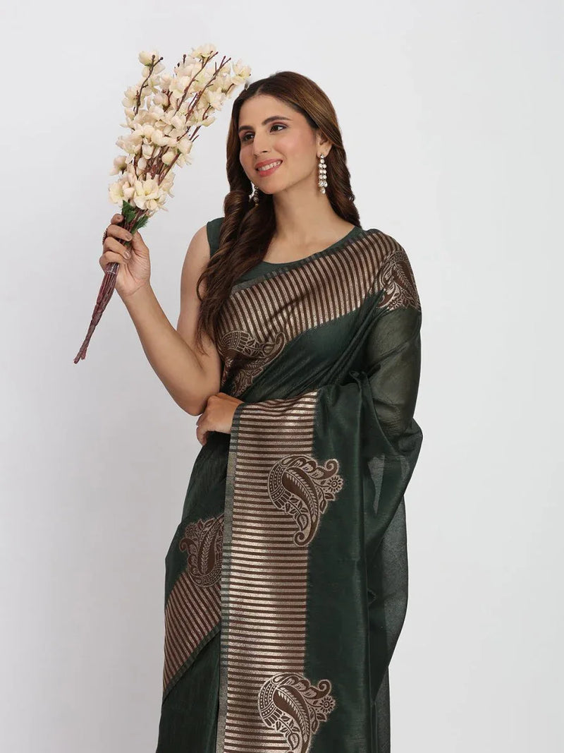 Dark Green TAARINI Linen Cotton Saree with Blouse Piece - EZBER