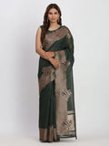 Dark Green TAARINI Linen Cotton Saree with Blouse Piece - EZBER
