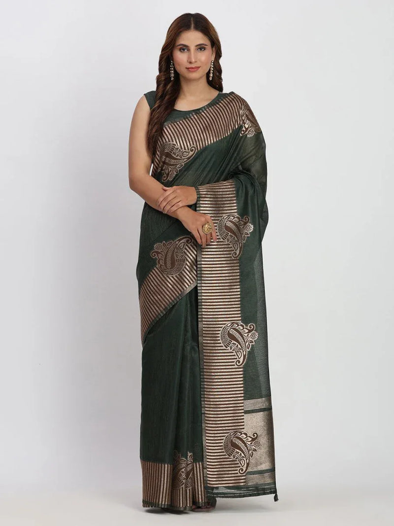 Dark Green TAARINI Linen Cotton Saree with Blouse Piece - EZBER