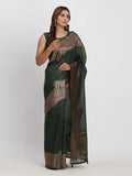 Dark Green TAARINI Linen Cotton Saree with Blouse Piece - EZBER
