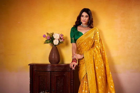 Yellow Dola Silk Saree with Blouse Piece  | EZBER