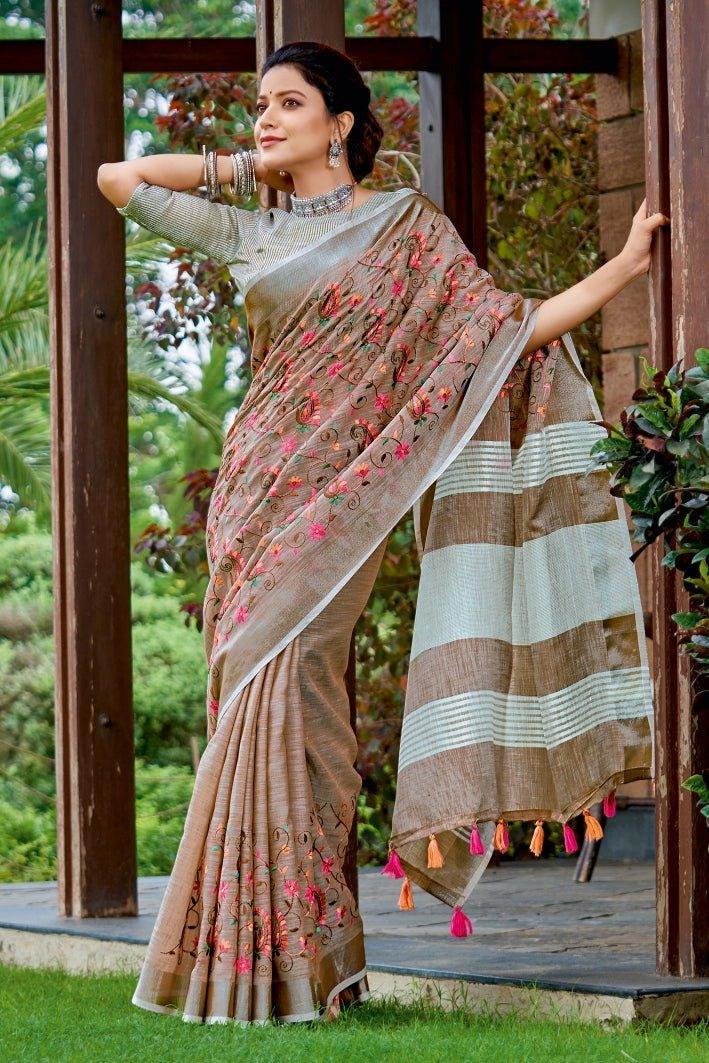 Fawn Brown Linen Blend Saree - EZBER