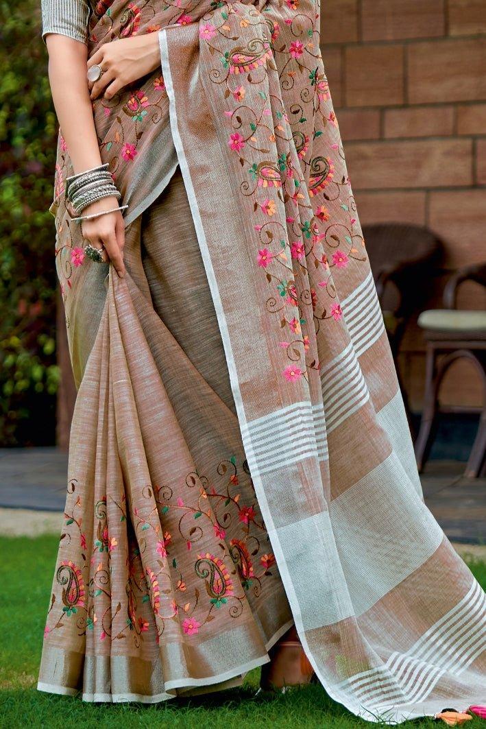 Fawn Brown Linen Blend Saree - EZBER