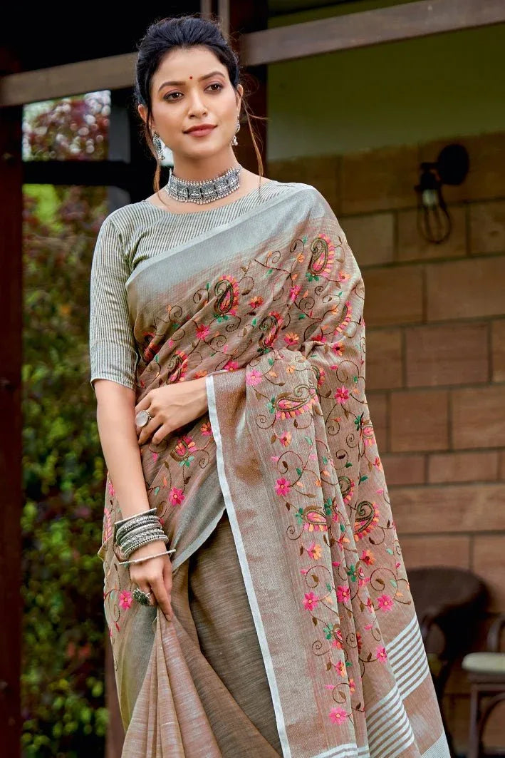Fawn Brown Linen Blend Saree - EZBER