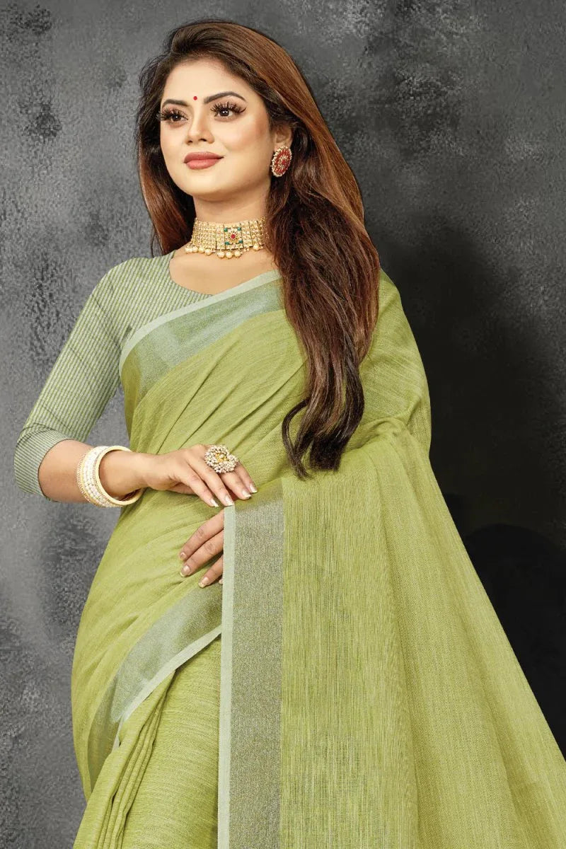 Fern Green Linen Blend Saree - EZBER