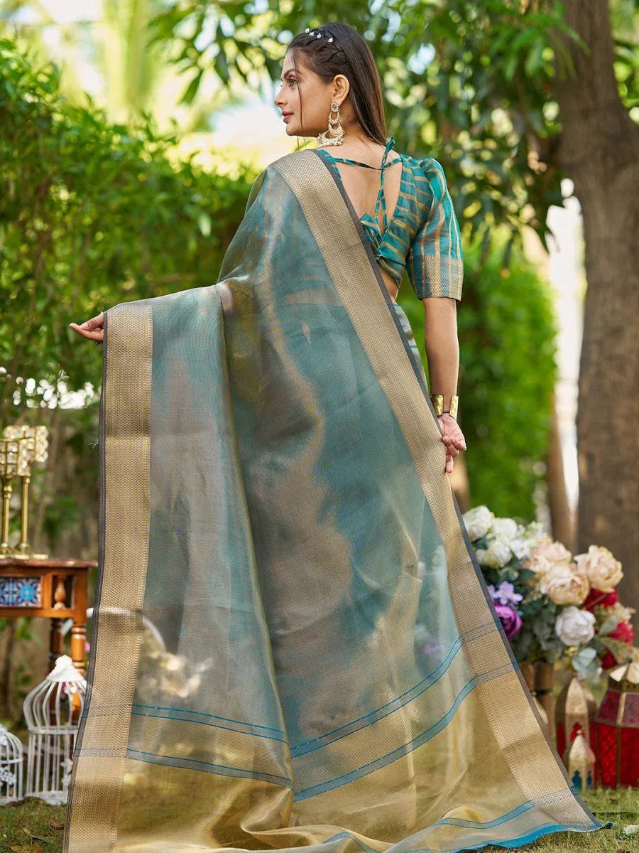 Firozi Tissue Saree With Blouse Piece - EZBER
