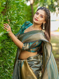 Firozi Tissue Saree With Blouse Piece - EZBER