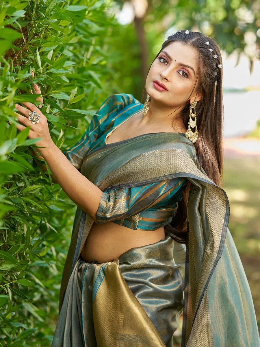 Firozi Tissue Saree With Blouse Piece - EZBER