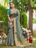 Firozi Tissue Saree With Blouse Piece - EZBER