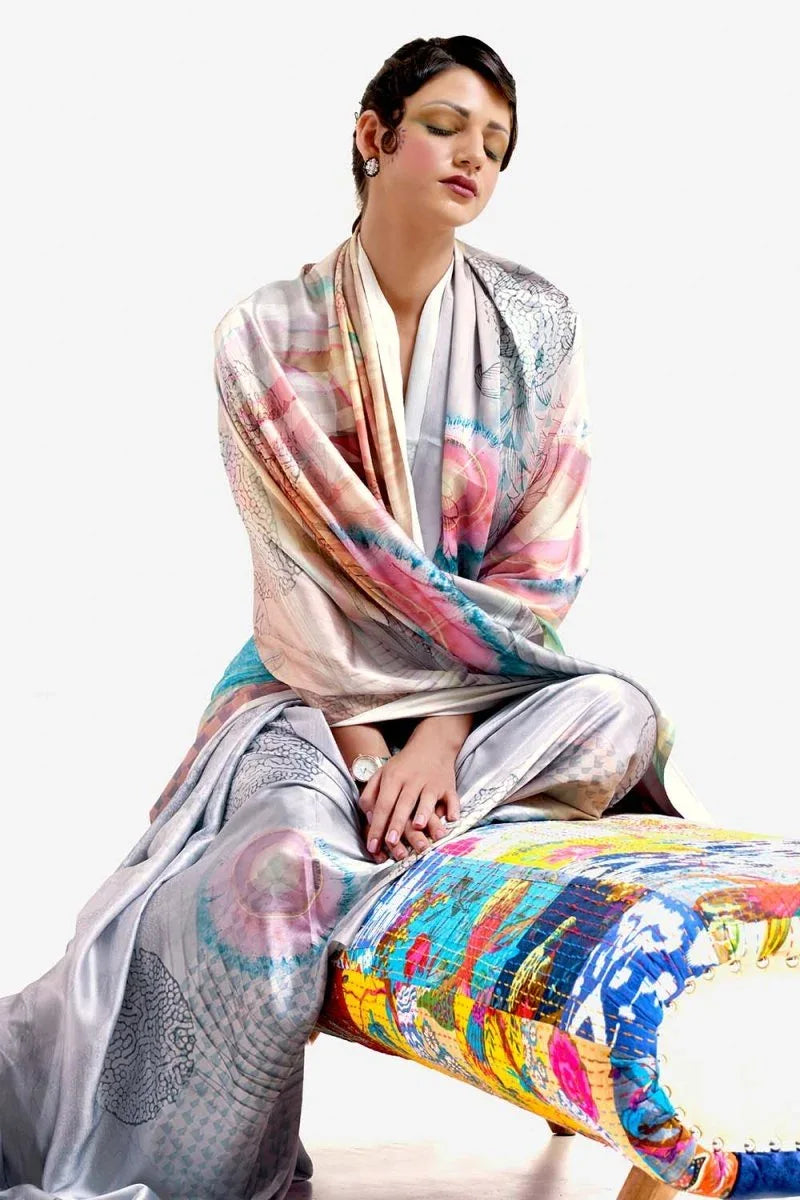 Fog Grey Satin Crep Saree - EZBER