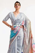 Fog Grey Satin Crep Saree - EZBER