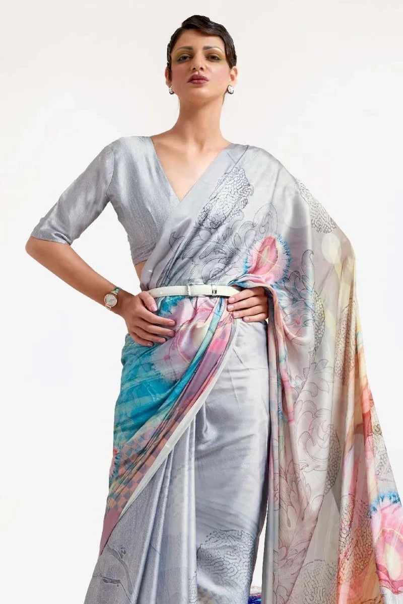 Fog Grey Satin Crep Saree - EZBER
