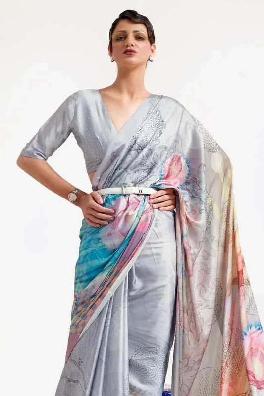 Fog Grey Satin Crep Saree - EZBER
