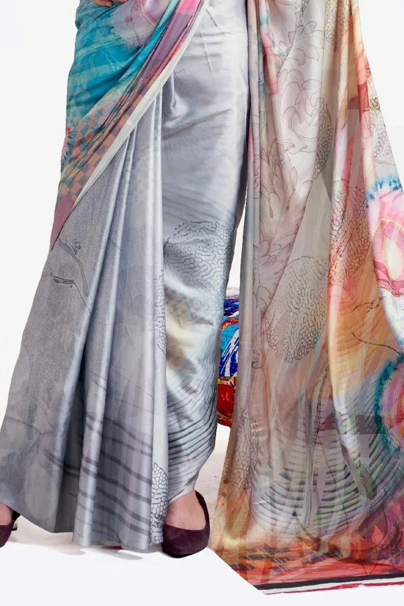 Fog Grey Satin Crep Saree - EZBER