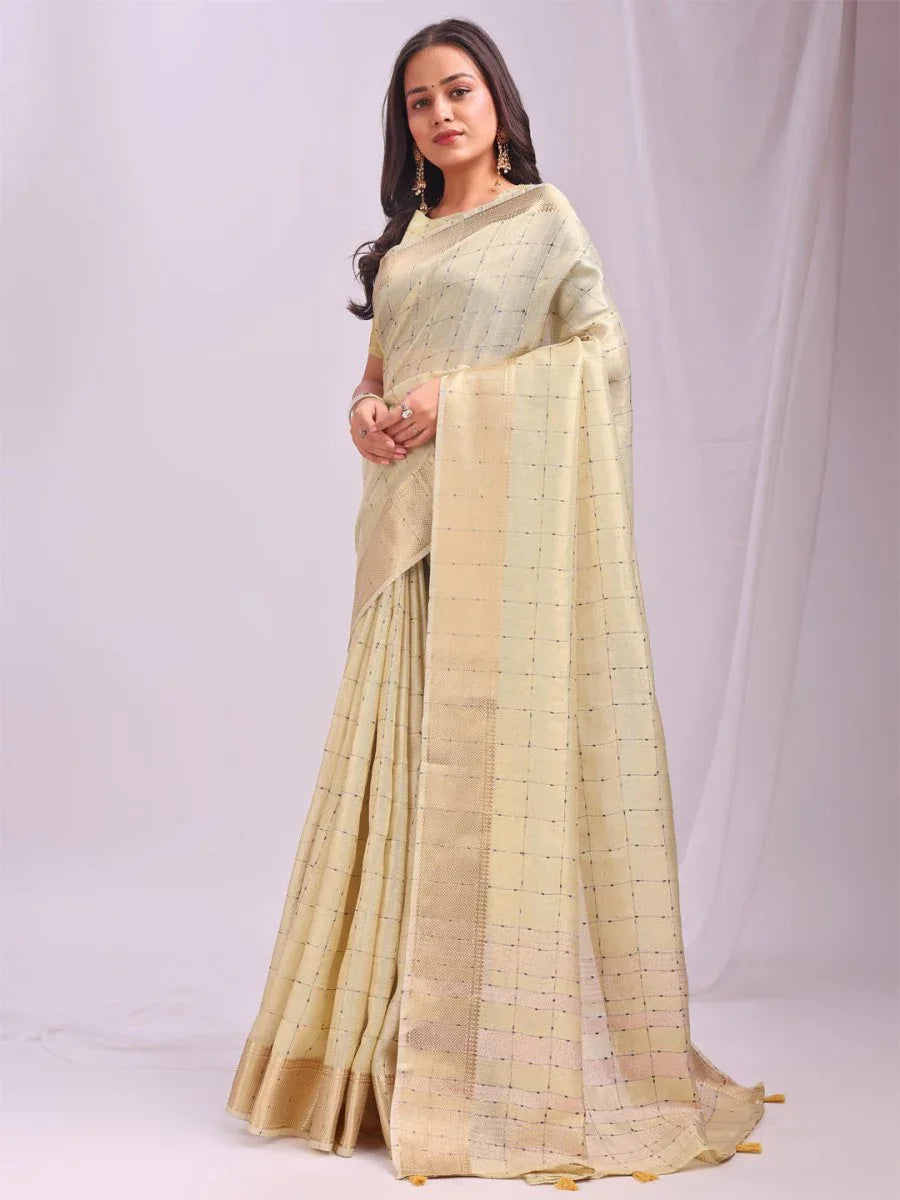 Gold CASUAL CHECKS Organza Saree with Blouse Piece - EZBER
