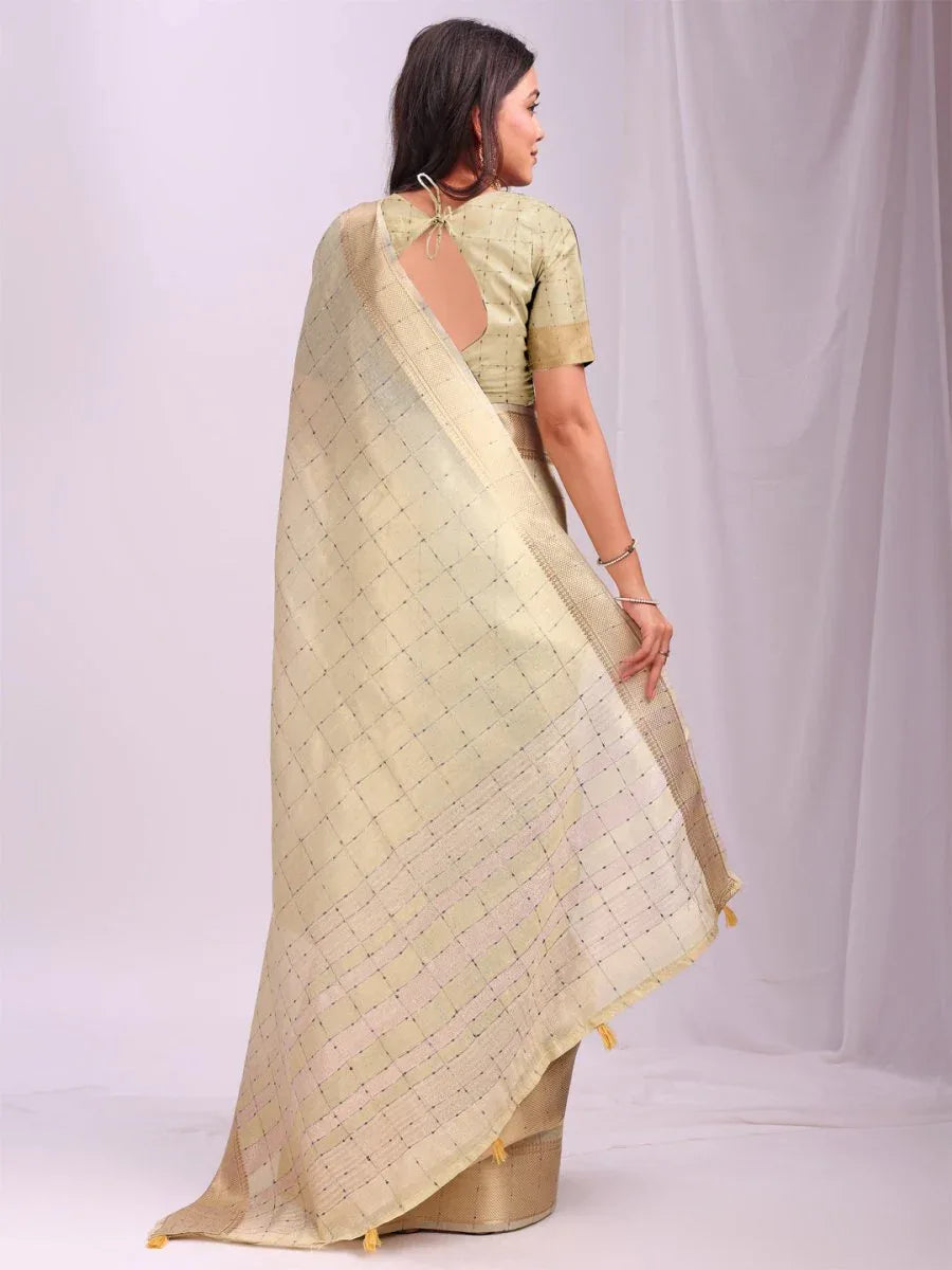 Gold CASUAL CHECKS Organza Saree with Blouse Piece - EZBER