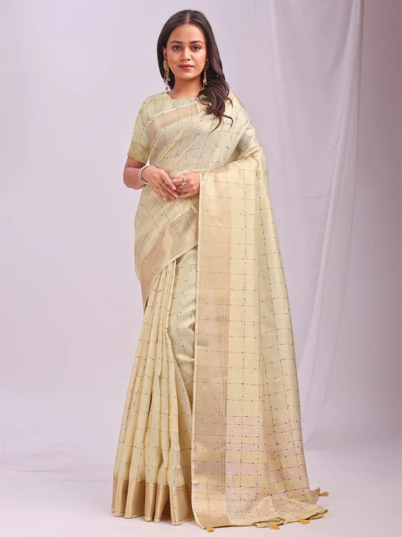 Gold CASUAL CHECKS Organza Saree with Blouse Piece - EZBER