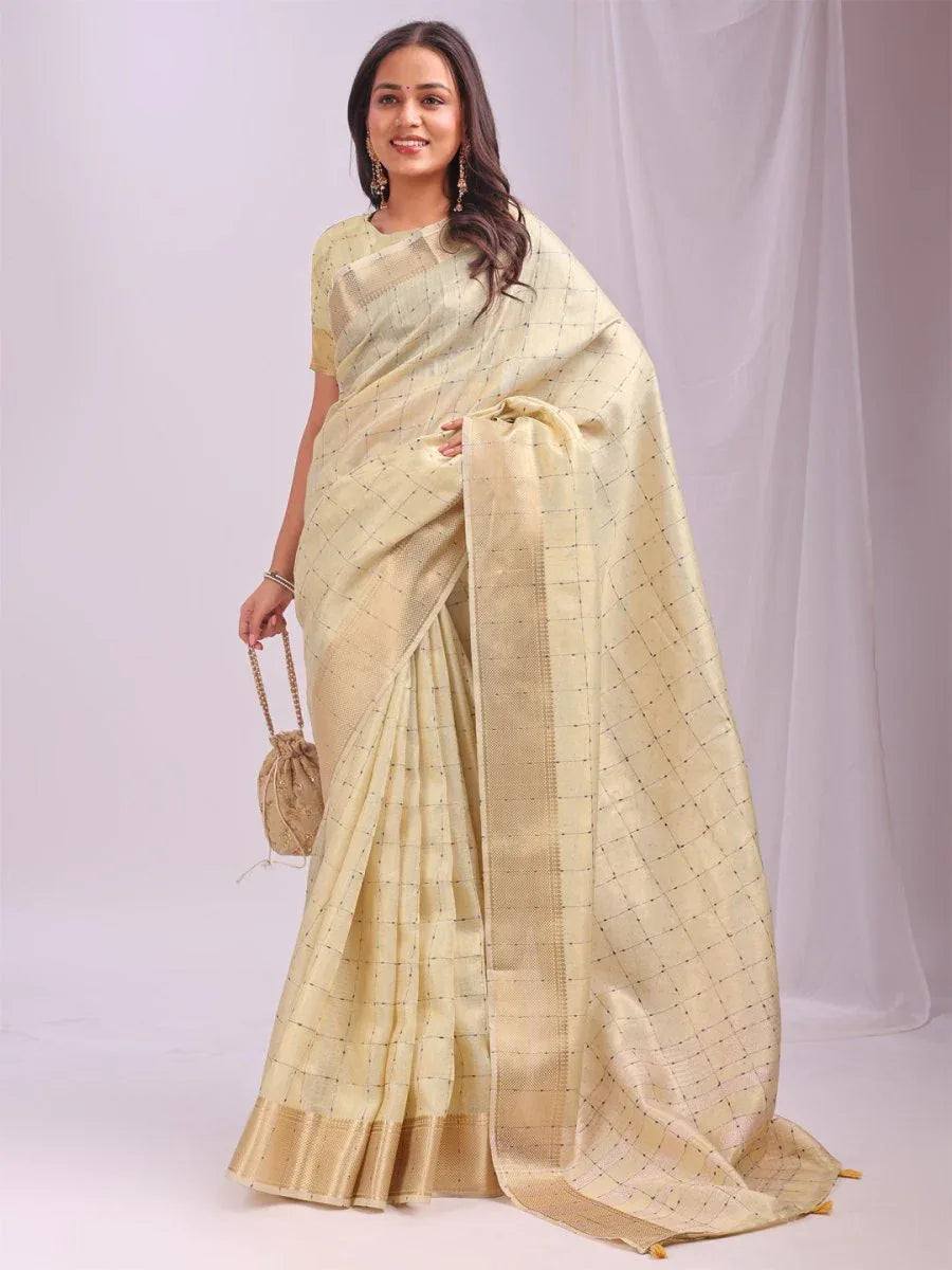 Gold CASUAL CHECKS Organza Saree with Blouse Piece - EZBER