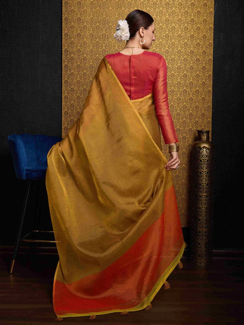 Gold Linen Festive Wear Saree With Blouse Piece - EZBER