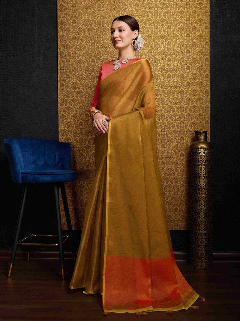 Gold Linen Festive Wear Saree With Blouse Piece - EZBER