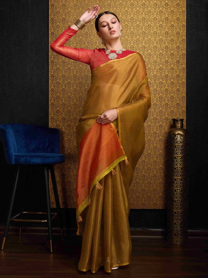 Gold Linen Festive Wear Saree With Blouse Piece - EZBER