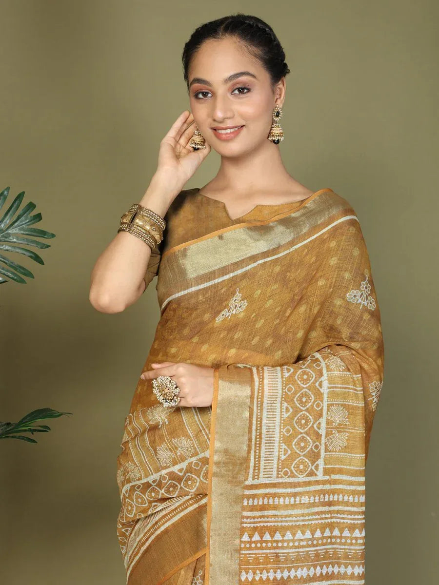 Golden Cotton Saree With Blouse Piece - EZBER