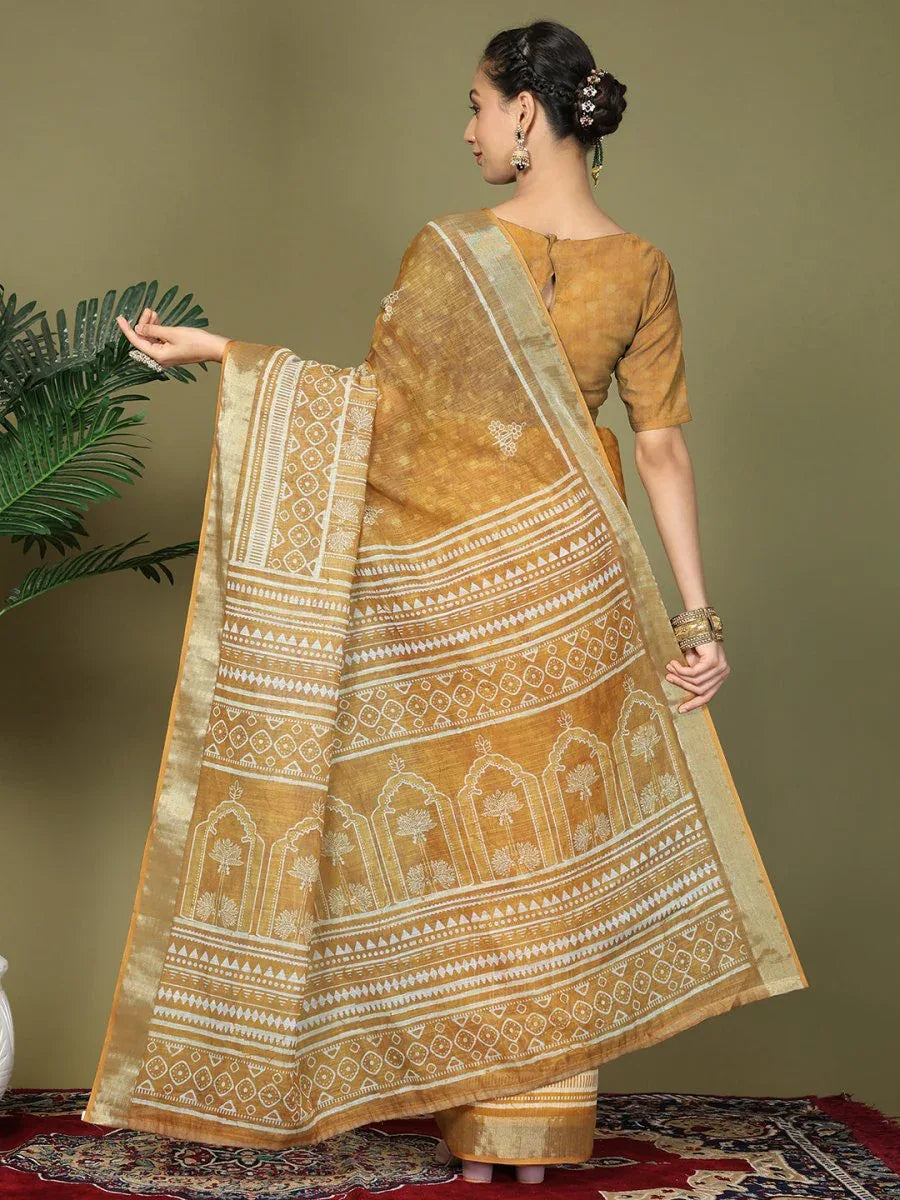 Golden Cotton Saree With Blouse Piece - EZBER