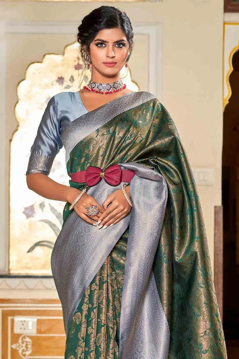 Green And Grey Banarasi Saree - EZBER