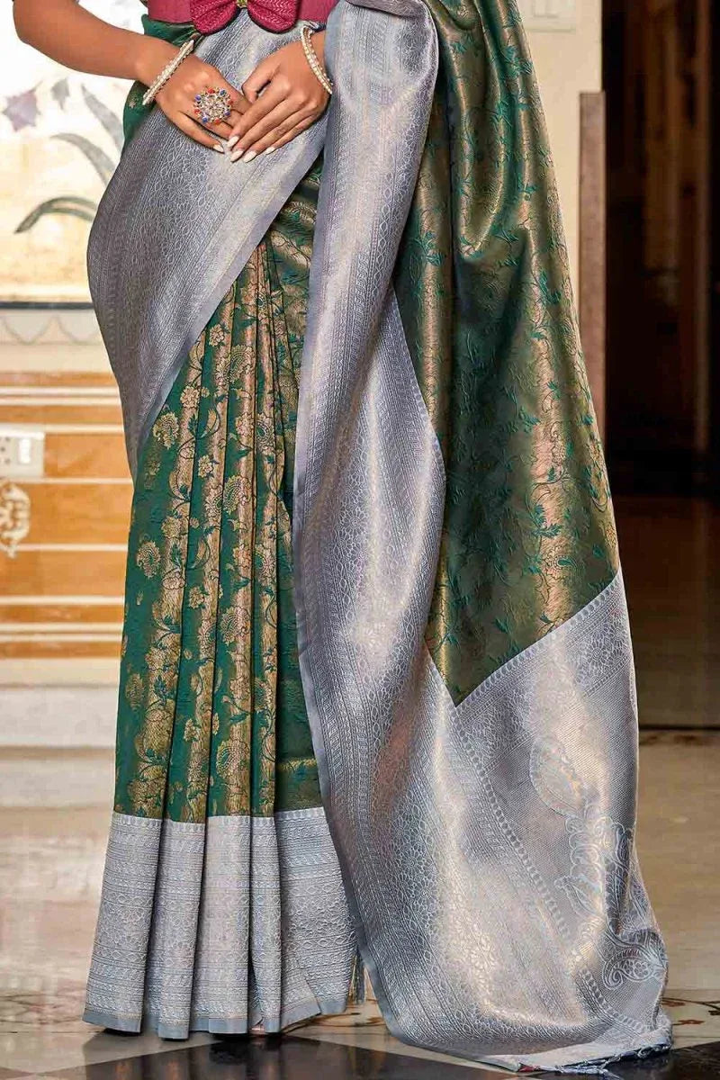 Green And Grey Banarasi Saree - EZBER