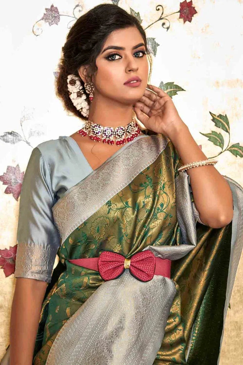 Green And Grey Banarasi Saree - EZBER