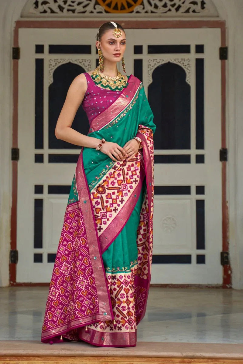 Green And Pink Patola Saree - EZBER