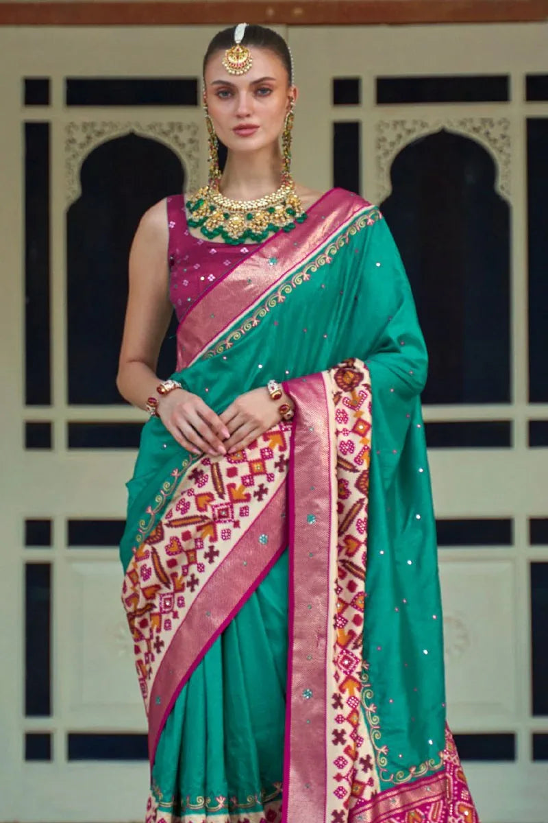 Green And Pink Patola Saree - EZBER