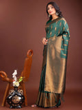 Green Banarasi silk Saree With Blouse Piece - EZBER