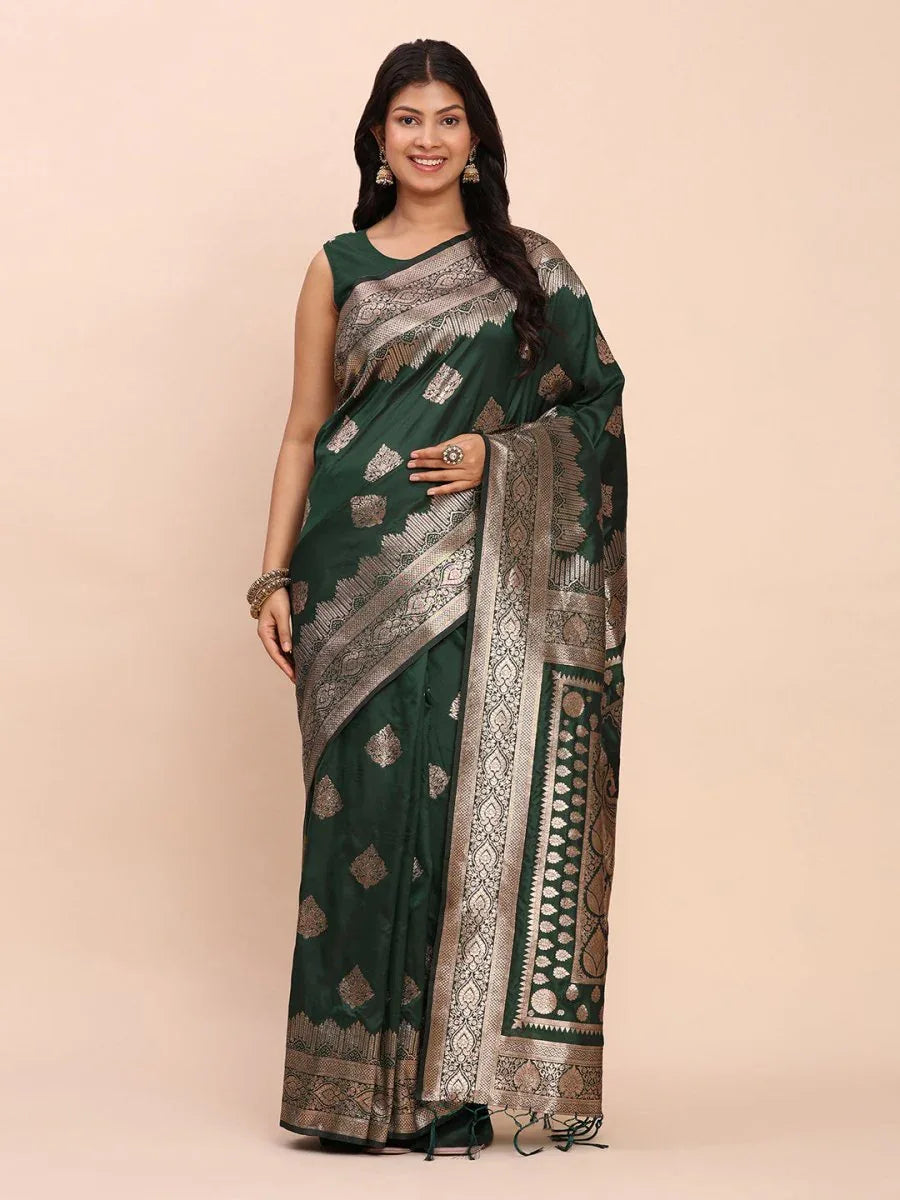 Green Banarasi silk Saree With Blouse Piece - EZBER