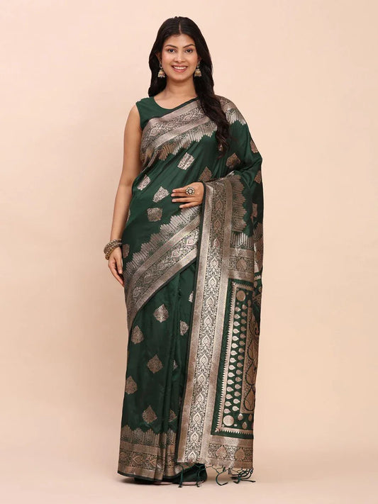 Green Banarasi silk Saree With Blouse Piece - EZBER